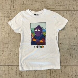 White Short Sleeve Tee with Purple Cartoon Graphic